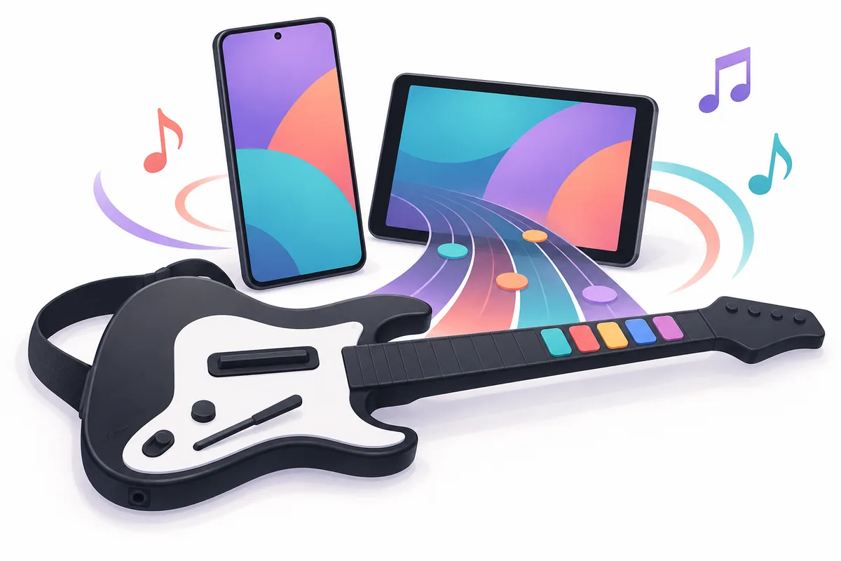 Redaktionelle Illustration eines Android-Telefons und Tablets neben einem farbigen Rhythmusspiel-Controller