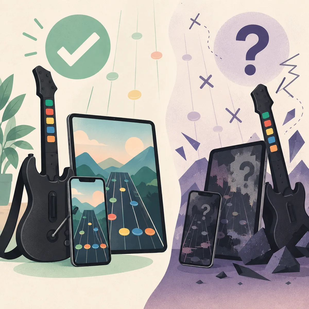 Redaktionelle Illustration mit Telefon und Tablet sowie Symbolen für bestätigte und unklare Clone-Hero-iOS-Verfügbarkeit