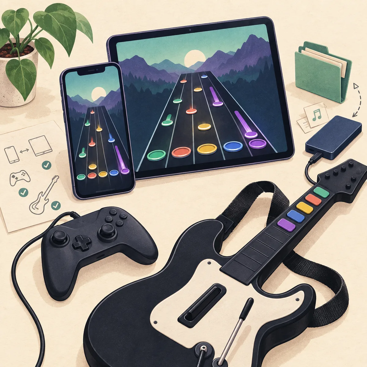 Redaktionelles Diagramm mit Telefon, Tablet, Gamepad, Gitarre, Chart-Dateien und Sicherungslaufwerk