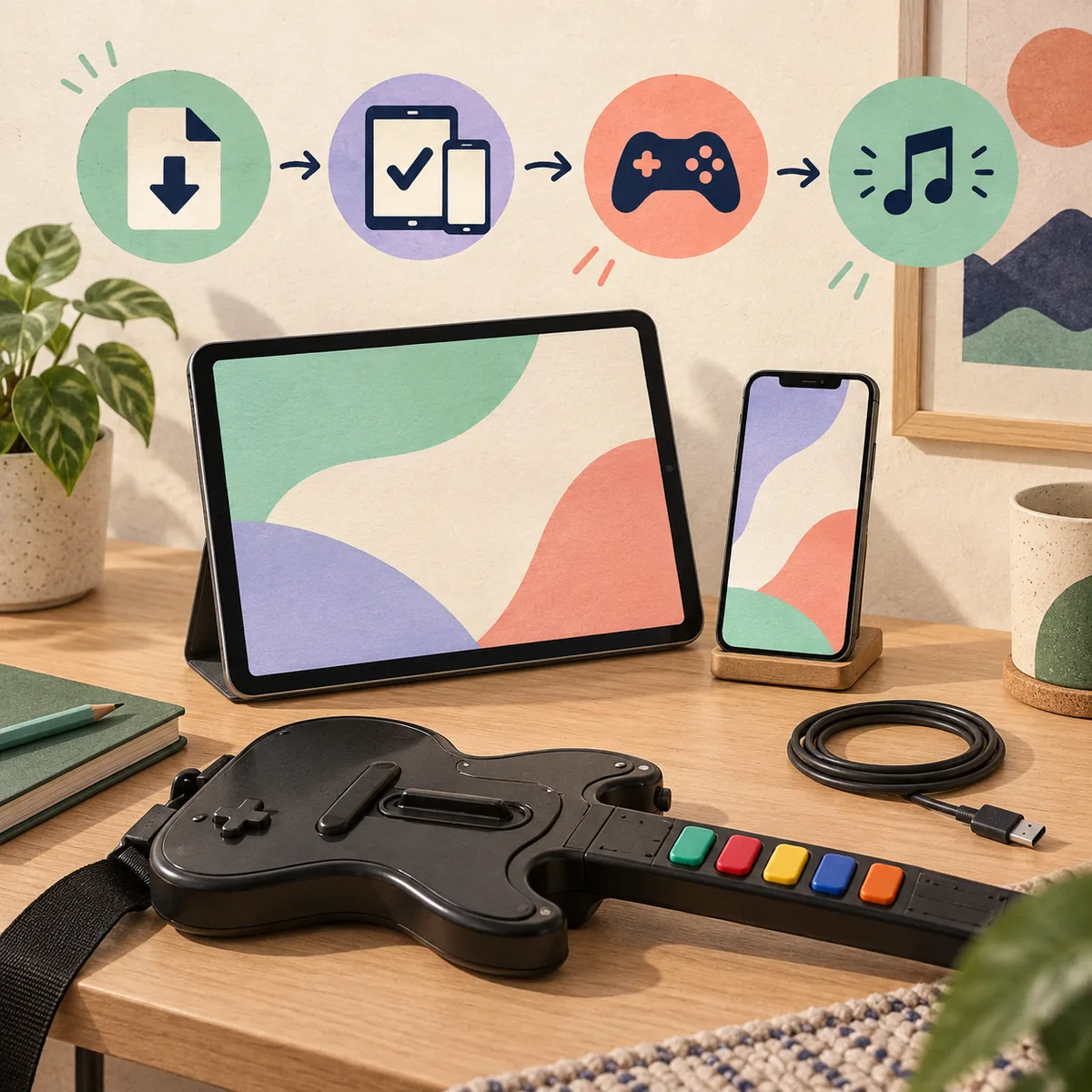 Illustration mit vier Schritten: Quelle prüfen, Gerät bestätigen, Controller testen und einen Song spielen