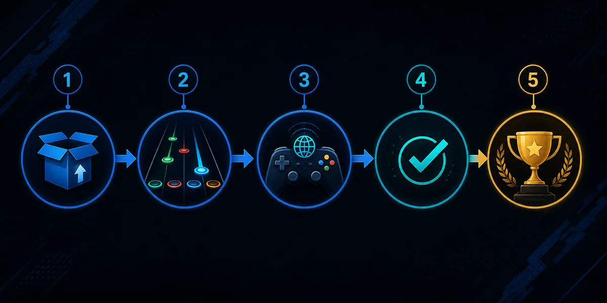 Editoriale Darstellung des fünfstufigen Wegs vom Clone Hero Update zum verifizierten Ranking