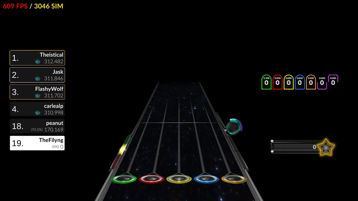 Offizieller Clone Hero Gameplay-Screenshot mit Leaderboard neben der Noten-Highway