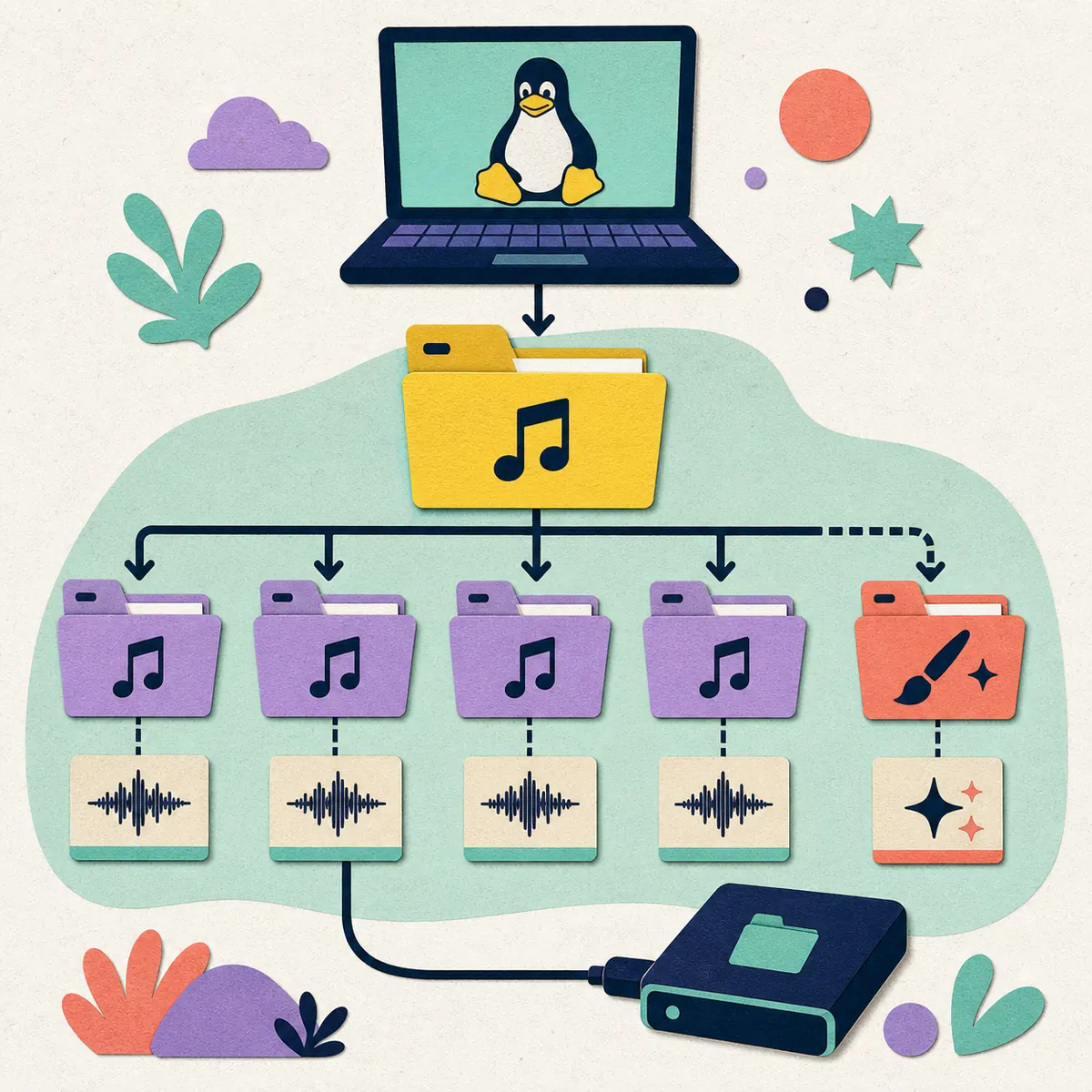Editorial folder diagram showing Linux Songs, individual chart folders, audio files, Custom content and a backup drive