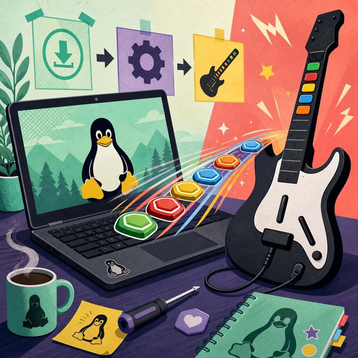 Editorial illustration of a Linux laptop, colorful rhythm notes and a wired rhythm-game guitar