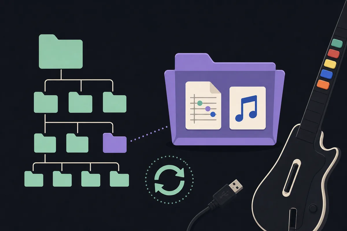 Editorial folder-tree illustration with chart data, audio files, scan symbol and USB guitar