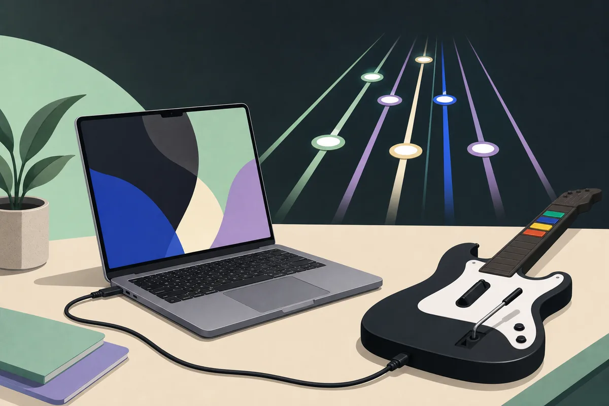 Editorial illustration of a Mac laptop and wired rhythm-game guitar with colorful note lanes