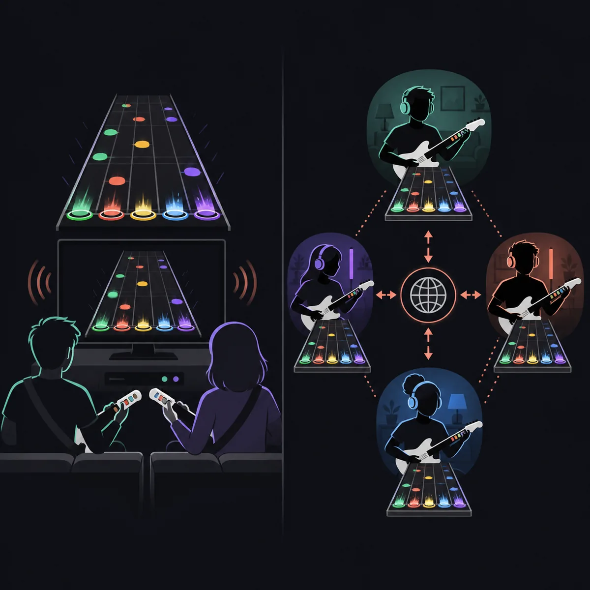 Schema editoriale che confronta il multiplayer locale di Clone Hero con giocatori collegati online