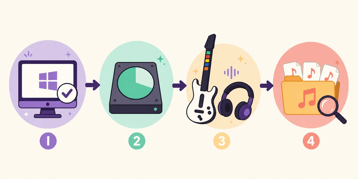Illustrativer Ablauf mit vier Schritten für Betriebssystem, Speicherplatz, Controller und Song-Scan