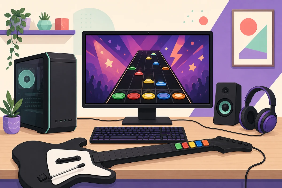 Illustrativer Schreibtisch mit Monitor, Tastatur, Lautsprechern, Kopfhörern und Fünf-Tasten-Gitarre
