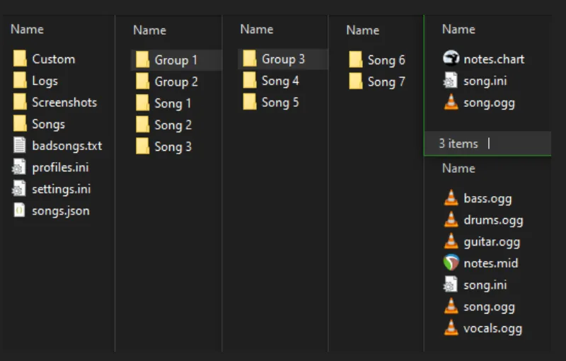 Exemple du Wiki officiel montrant les dossiers de chansons et fichiers de chart
