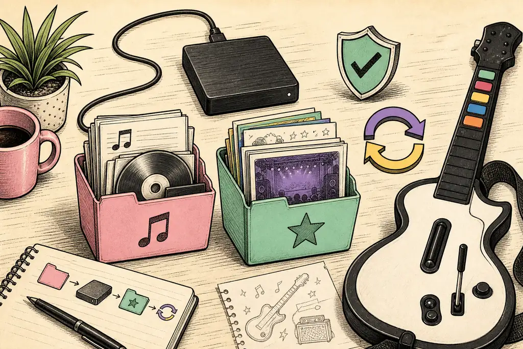 Illustration éditoriale montrant les sauvegardes séparées des chansons et du contenu Custom de Clone Hero