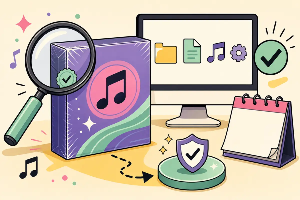 Illustration éditoriale montrant la vérification d'un paquet Clone Hero avec une loupe et une coche