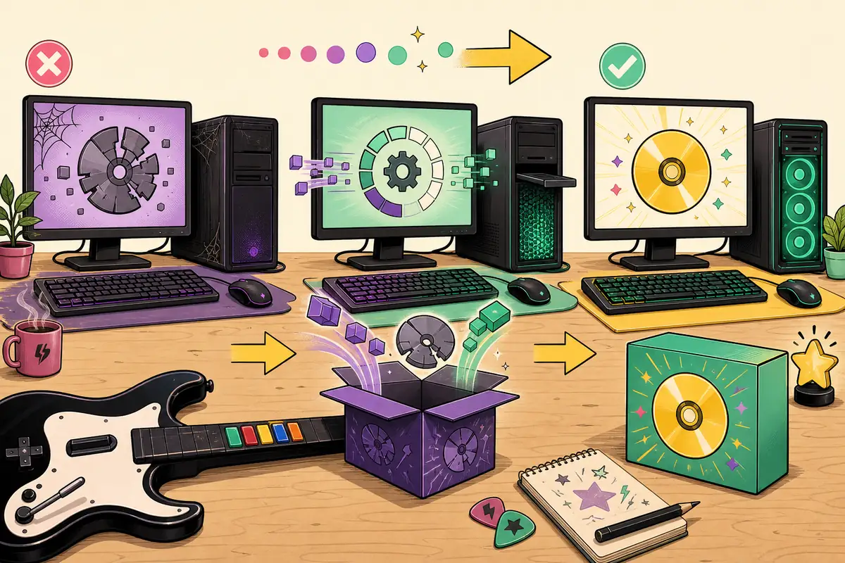 Illustration éditoriale montrant un processus de mise à jour Clone Hero en trois étapes